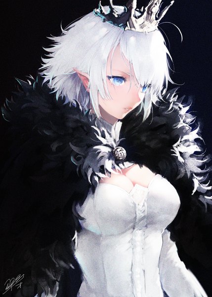 Anime picture 1296x1812 with original iori (cpeilad) single tall image fringe short hair breasts blue eyes simple background hair between eyes standing payot looking away cleavage upper body white hair parted lips pointy ears fur trim black background