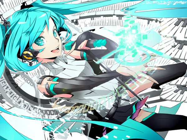 Anime picture 1403x1052 with vocaloid vocaloid append hatsune miku hatsune miku (append) firecel single looking at viewer open mouth twintails very long hair aqua eyes aqua hair zettai ryouiki girl thighhighs black thighhighs detached sleeves headphones microphone