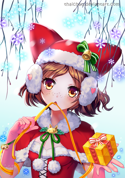 Anime picture 566x800 with original riiya (mabong1989) single tall image looking at viewer blush fringe short hair open mouth simple background brown hair holding brown eyes signed upper body head tilt fur trim mouth hold christmas freckles