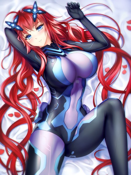 イラスト 750x1000 と ハイスクールD×D 超次元ゲイムネプテューヌ shin jigen game neptune vii rias gremory パープルハート next purple gigamessy ソロ 長身像 カメラ目線 赤面 前髪 おっぱい 青い目 light erotic 笑顔 hair between eyes アホ毛 bent knee (knees) 赤髪