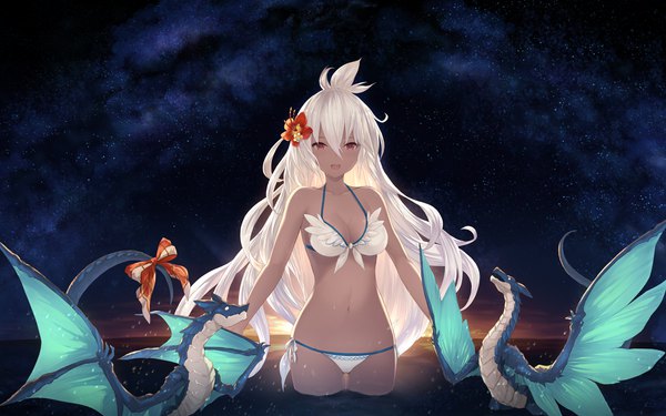 Anime picture 1920x1200 with granblue fantasy the order grande cait single long hair looking at viewer fringe highres breasts open mouth light erotic hair between eyes red eyes cleavage white hair hair flower night night sky partially submerged fantasy