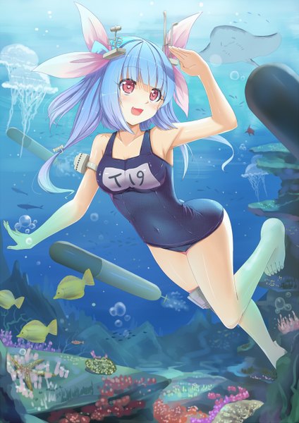 Anime picture 1000x1414 with kantai collection i-19 submarine sonikey0 0 single long hair tall image light erotic blue hair pink eyes underwater girl hair ornament swimsuit animal one-piece swimsuit fish (fishes) school swimsuit