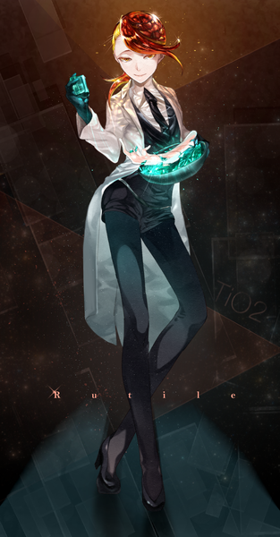 Anime picture 1428x2731 with houseki no kuni rutile (houseki no kuni) sugurin single tall image looking at viewer red eyes standing holding full body red hair multicolored hair two-tone hair character names androgynous gloves uniform pantyhose black gloves black pantyhose