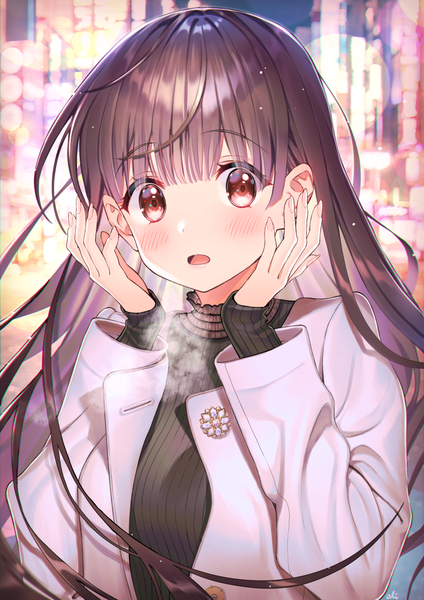 Anime picture 809x1145 with original oli single long hair tall image looking at viewer blush fringe open mouth red eyes brown hair upper body outdoors blunt bangs long sleeves fingernails open clothes lens flare city sleeves past wrists