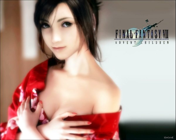 Anime picture 1280x1024 with final fantasy vii advent children final fantasy final fantasy vii square enix tifa lockhart single black hair bare shoulders nail polish realistic girl