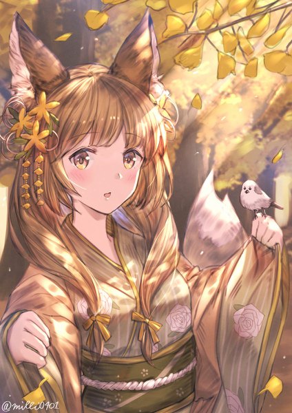 Anime picture 848x1200 with original milli little single long hair tall image looking at viewer blush fringe open mouth brown hair brown eyes signed animal ears upper body outdoors tail blunt bangs traditional clothes japanese clothes animal tail