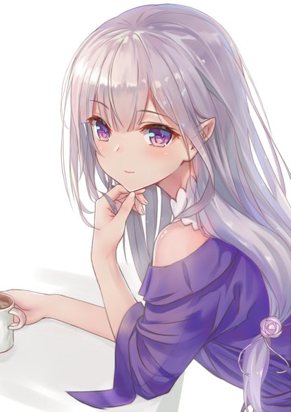 Anime picture 977x1384 with re:zero kara hajimeru isekai seikatsu white fox emilia (re:zero) aimee (origin) single long hair tall image blush white background purple eyes looking away silver hair pointy ears elf revision girl