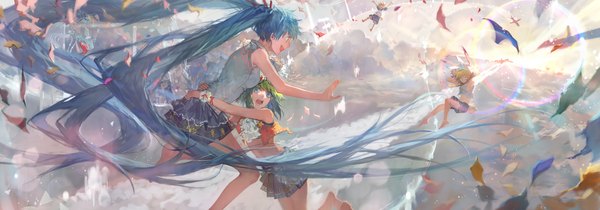 Anime picture 2850x1000 with vocaloid hatsune miku kagamine rin kagamine len gumi tang elen highres short hair open mouth blue eyes blonde hair wide image twintails multiple girls blue hair looking away eyes closed very long hair pleated skirt barefoot