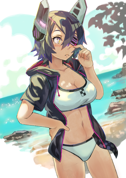 Anime picture 724x1023 with kantai collection tenryuu light cruiser rano single tall image blush short hair breasts light erotic black hair large breasts brown eyes looking away sky hand on hip beach girl navel sea hood