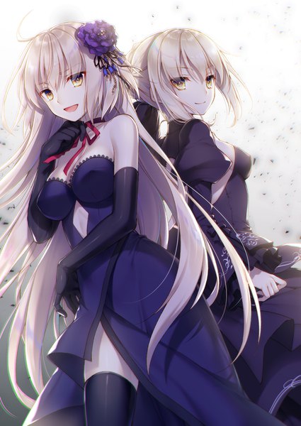 Anime picture 1003x1416 with fate (series) fate/grand order fate/stay night fate/apocrypha artoria pendragon (all) jeanne d'arc (fate) (all) jeanne d'arc alter (fate) saber alter toosaka asagi long hair tall image looking at viewer fringe short hair breasts open mouth blonde hair smile hair between eyes bare shoulders
