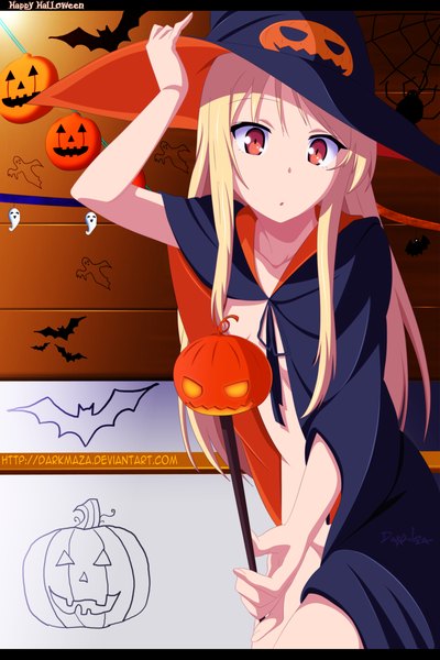Anime picture 2000x3000 with sakura-sou no pet na kanojo j.c. staff shiina mashiro darkmaza single long hair tall image looking at viewer highres light erotic blonde hair red eyes signed inscription :o coloring letterboxed halloween ghost girl
