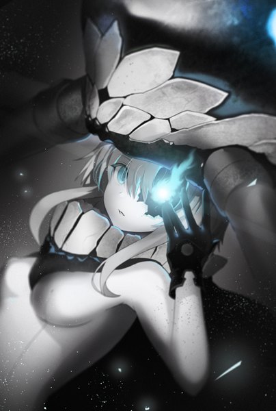 Anime-Bild 1200x1780 mit kantai collection wo-class aircraft carrier ccaw single tall image looking at viewer short hair silver hair parted lips aqua eyes glowing dark background glowing eye (eyes) shinkaisei-kan girl gloves black gloves headdress cape bodysuit