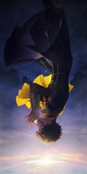 Anime picture 1022x2048 with fire emblem fire emblem: three houses nintendo claude von riegan kkia single tall image short hair brown hair eyes closed long sleeves night arms up night sky hands clasped upside down shooting star boy star (stars)