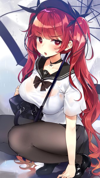 Anime picture 1080x1920 with azur lane honolulu (azur lane) honolulu (umbrella girl) (azur lane) hym9594 single long hair tall image looking at viewer blush fringe breasts open mouth light erotic red eyes large breasts twintails holding red hair blunt bangs pleated skirt