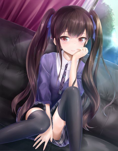 Anime picture 1350x1725 with another p.a. works akazawa izumi wingheart long hair tall image blush red eyes brown hair sitting twintails girl thighhighs skirt uniform ribbon (ribbons) black thighhighs hair ribbon school uniform miniskirt