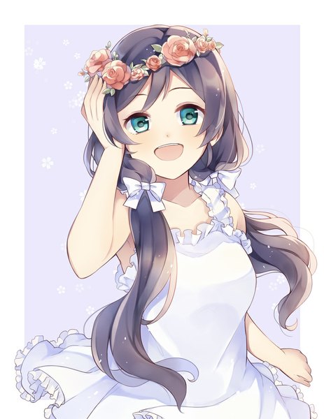 Anime picture 800x1035 with love live! school idol project sunrise (studio) love live! toujou nozomi ichinose (sorario) single long hair tall image looking at viewer blush open mouth black hair twintails bare shoulders aqua eyes low twintails border girl dress flower (flowers)
