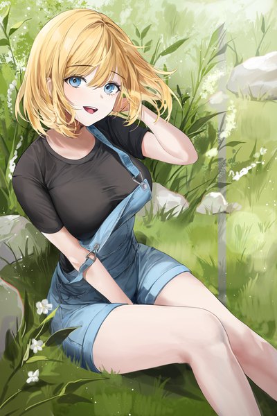 Anime picture 2731x4096 with original lillly single tall image looking at viewer fringe highres short hair open mouth blue eyes blonde hair smile hair between eyes sitting outdoors head tilt :d arm up wind teeth