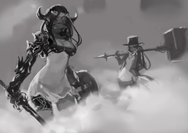 Anime picture 3508x2480 with original okuto long hair looking at viewer highres breasts light erotic standing multiple girls holding absurdres cleavage horn (horns) monochrome smoke weapon over shoulder girl dress weapon 2 girls