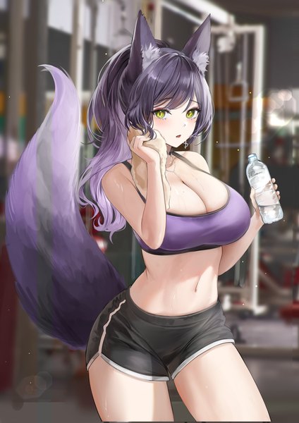 Anime picture 2894x4093 with original lillly single long hair tall image looking at viewer blush fringe highres breasts open mouth light erotic large breasts standing bare shoulders holding green eyes animal ears cleavage purple hair