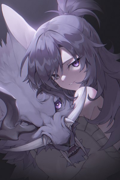Anime picture 2788x4164 with original hanseryun single long hair tall image looking at viewer fringe highres simple background hair between eyes purple eyes bare shoulders upper body parted lips grey hair off shoulder hug turning head shaded face half updo
