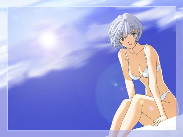 Anime picture 1024x768 with neon genesis evangelion gainax ayanami rei short hair red eyes blue hair sky wallpaper lens flare swimsuit bikini white bikini