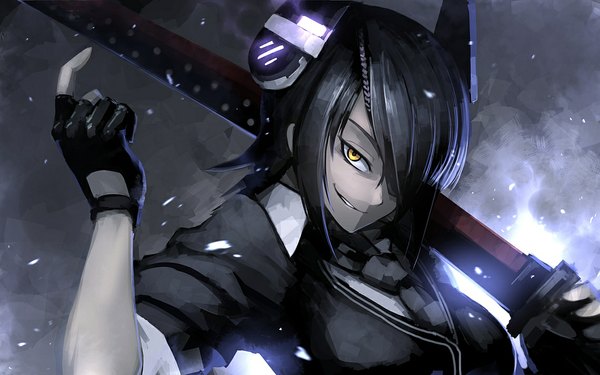 Anime picture 1140x714 with kantai collection tenryuu light cruiser hetza (hellshock) single looking at viewer short hair breasts black hair wide image yellow eyes grin revision smirk girl gloves weapon shirt sword necktie fingerless gloves