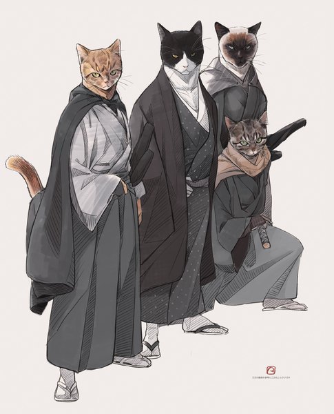 Anime picture 2400x2972 with original kokudou juunigou tall image looking at viewer highres simple background standing white background full body traditional clothes japanese clothes multiple boys watermark serious samurai cat boy boy weapon sword socks