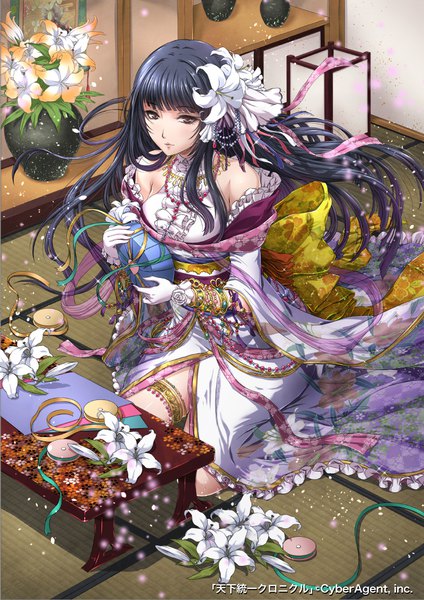 Anime picture 800x1131 with tenkuu no crystalia sakiyamama single long hair tall image looking at viewer blush fringe breasts black hair sitting bare shoulders holding brown eyes payot indoors blunt bangs traditional clothes japanese clothes hair flower