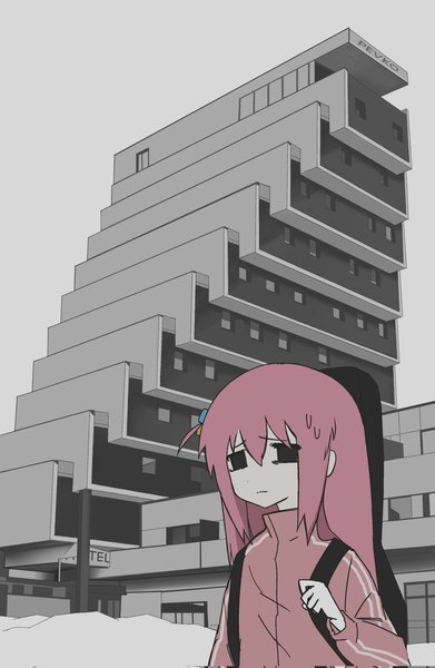Anime picture 1336x2048 with bocchi the rock! cloverworks molchat doma gotou hitori pevko single long hair tall image fringe hair between eyes holding signed pink hair upper body outdoors black eyes sweatdrop empty eyes girl building (buildings)