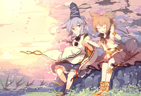 Anime picture 1440x991 with touhou toyosatomimi no miko mononobe no futo yetworldview kaze long hair short hair brown hair sitting multiple girls ponytail tail eyes closed animal tail light smile grey hair grey eyes cherry blossoms hand on headphones girl skirt