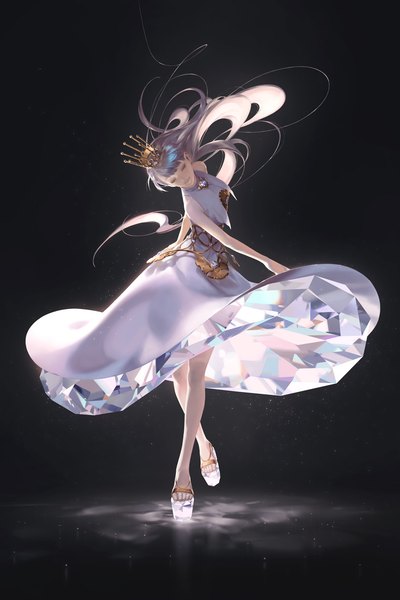 Anime picture 900x1350 with original mou-s single long hair tall image fringe simple background bare shoulders full body eyes closed grey hair floating hair black background dancing girl dress shoes crown gem platform footwear
