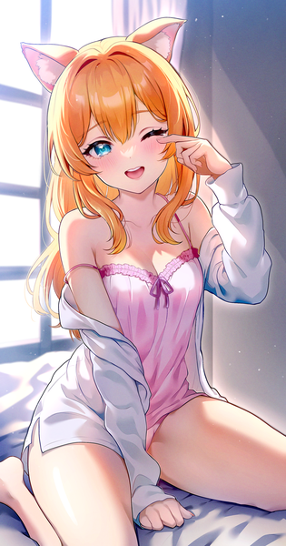 Anime-Bild 2099x3992 mit blue archive mari (blue archive) kurosaki coco single long hair tall image looking at viewer blush fringe highres breasts open mouth blue eyes light erotic smile hair between eyes sitting animal ears one eye closed barefoot