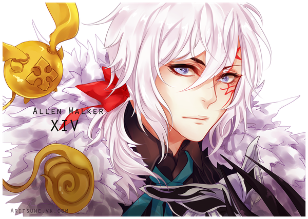 Anime picture 1405x1000 with d.gray-man allen walker timcanpy aritsune single long hair fringe blue eyes simple background hair between eyes white background upper body white hair fur trim facial mark low ponytail boy bow hair bow fur