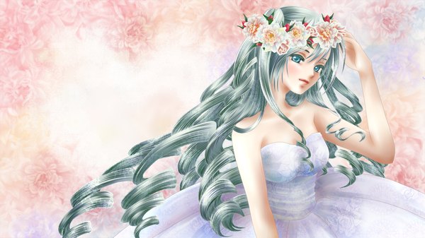 Anime picture 2000x1125 with vocaloid hatsune miku single long hair highres wide image bare shoulders aqua eyes aqua hair curly hair girl dress flower (flowers) white dress wreath