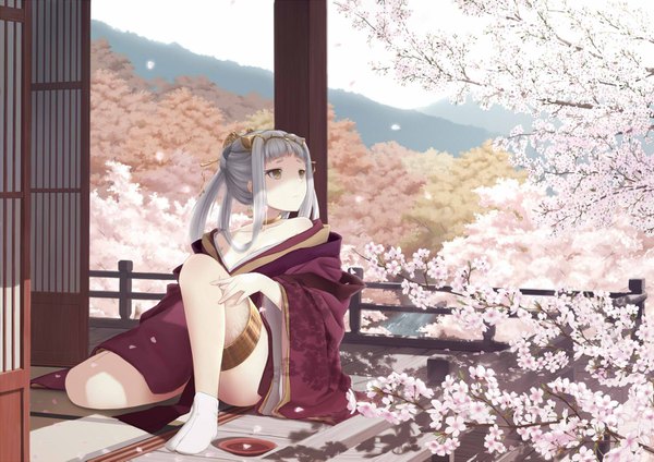Anime picture 1500x1061 with original hex (tanhexun) single long hair blush breasts light erotic sitting bare shoulders brown eyes full body ponytail traditional clothes japanese clothes grey hair off shoulder cherry blossoms looking up shaded face mountain