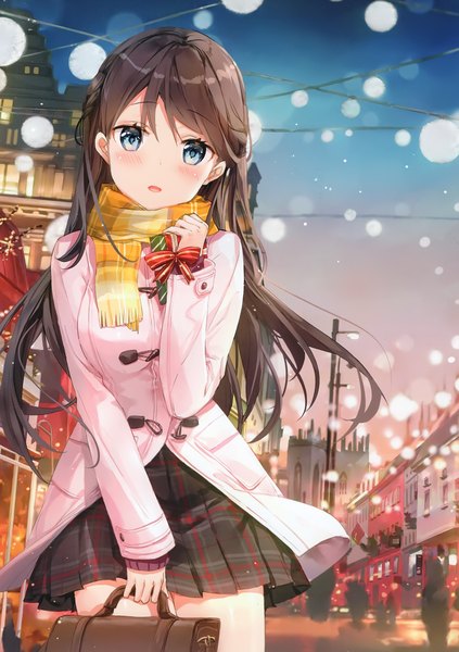 Anime picture 2089x2961 with original fuumi (radial engine) single long hair tall image looking at viewer blush fringe highres open mouth blue eyes hair between eyes brown hair holding outdoors long sleeves head tilt scan :o city