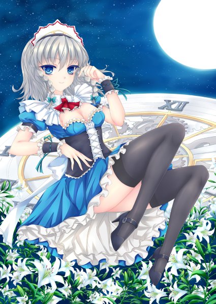 Anime picture 851x1200 with touhou izayoi sakuya fred0092 single tall image looking at viewer short hair blue eyes silver hair braid (braids) night maid twin braids girl thighhighs dress flower (flowers) black thighhighs headdress maid headdress