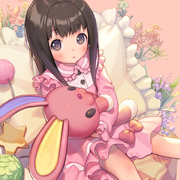 Anime picture 2000x2000 with destiny child beth (destiny child) kkuem single long hair looking at viewer blush fringe highres open mouth black hair sitting holding brown eyes :o loli pink background body blush girl dress
