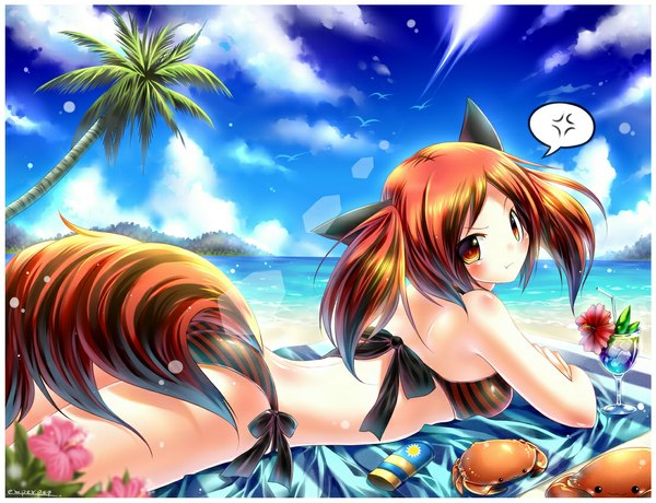 Anime picture 1104x848 with original emperpep single long hair blush light erotic twintails animal ears sky cloud (clouds) animal tail looking back orange hair orange eyes beach framed multiple tails girl flower (flowers) swimsuit