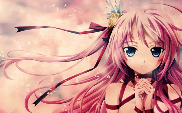 Anime picture 1920x1200 with original matsuryuu single long hair looking at viewer fringe highres blue eyes smile bare shoulders pink hair sky cloud (clouds) light smile wind girl hair ornament ribbon (ribbons) hair ribbon animal