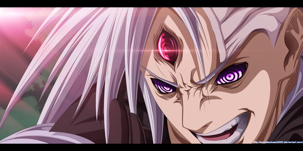 Anime picture 2876x1442 with naruto studio pierrot naruto (series) uchiha madara the-danstyle-art single long hair highres open mouth wide image purple eyes white hair pink eyes sunlight coloring close-up face angry rinnegan boy