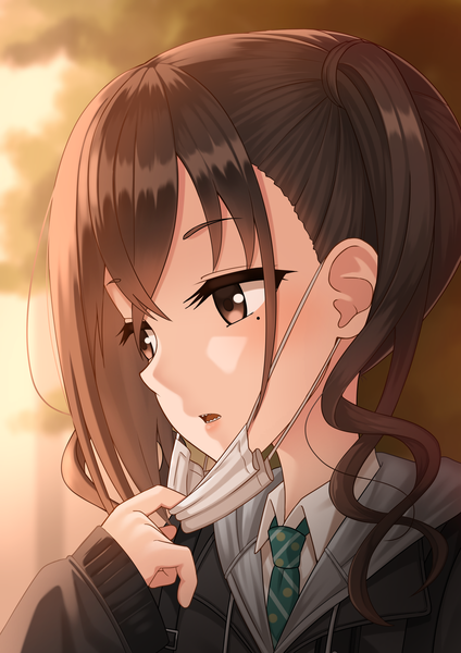 Anime picture 1771x2508 with idolmaster idolmaster cinderella girls sunazuka akira kurisu-kun single long hair tall image blush fringe highres open mouth hair between eyes brown hair twintails brown eyes looking away upper body mole teeth depth of field