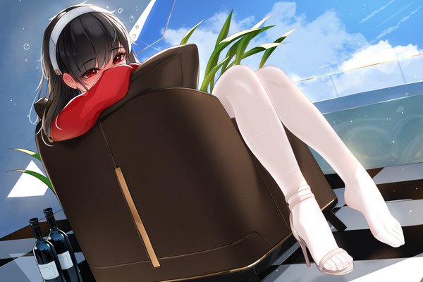 Anime picture 6000x4000 with spy x family yor briar nekoda (maoda) single long hair looking at viewer blush fringe highres black hair red eyes sitting absurdres sky cloud (clouds) bent knee (knees) high heels covered mouth checkered floor floor
