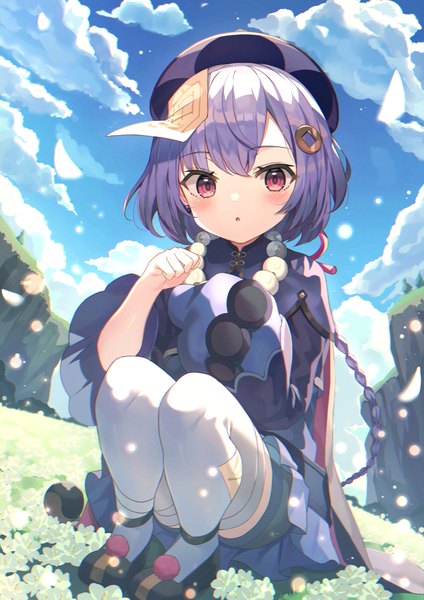 Anime picture 1556x2200 with genshin impact qiqi (genshin impact) nam single long hair tall image looking at viewer blush fringe open mouth sky purple hair cloud (clouds) full body braid (braids) traditional clothes pink eyes single braid chinese clothes squat