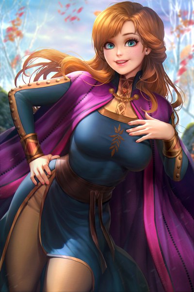 Anime picture 2400x3597 with frozen (disney) disney anna (frozen) nudtawut thongmai single long hair tall image looking at viewer blush fringe highres breasts open mouth blue eyes smile brown hair standing long sleeves nail polish :d