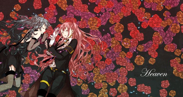 Anime picture 1867x1000 with vocaloid rondo of the sun and moon (vocaloid) hatsune miku megurine luka buzz highres wide image twintails multiple girls pink hair eyes closed black background sleepy girl thighhighs dress gloves 2 girls earrings elbow gloves