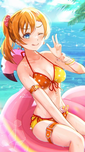 Anime picture 2160x3840 with love live! school idol project sunrise (studio) love live! kousaka honoka mochi tsu22 single tall image looking at viewer blush highres short hair breasts blue eyes light erotic smile sitting signed sky cloud (clouds) outdoors