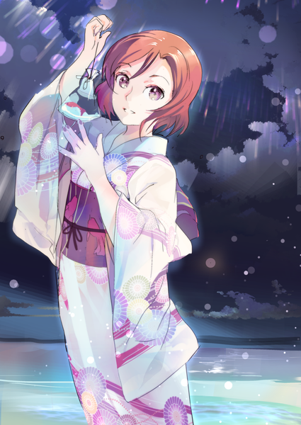 Anime picture 850x1200 with love live! school idol project sunrise (studio) love live! nishikino maki 119 single tall image looking at viewer short hair purple eyes sky cloud (clouds) traditional clothes japanese clothes orange hair night girl water sea obi