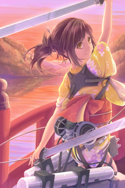 Anime picture 1200x1794 with shingeki no kyojin production i.g sasha blouse dararito single long hair tall image brown hair standing holding yellow eyes traditional clothes japanese clothes looking back arms up dual wielding girl weapon sword kimono