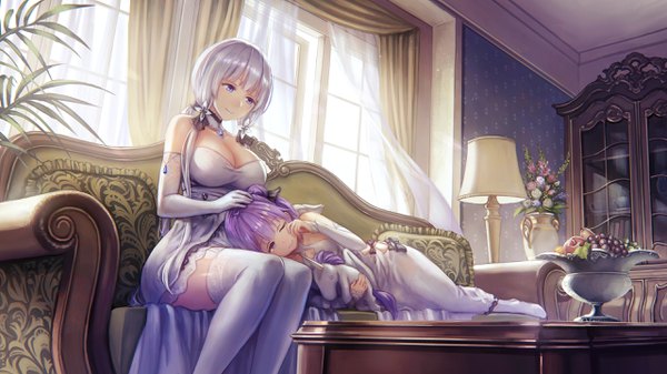 Anime picture 2560x1440 with azur lane illustrious (azur lane) unicorn (azur lane) anbe yoshirou long hair fringe highres breasts light erotic smile wide image twintails purple eyes multiple girls silver hair purple hair ponytail indoors lying blunt bangs